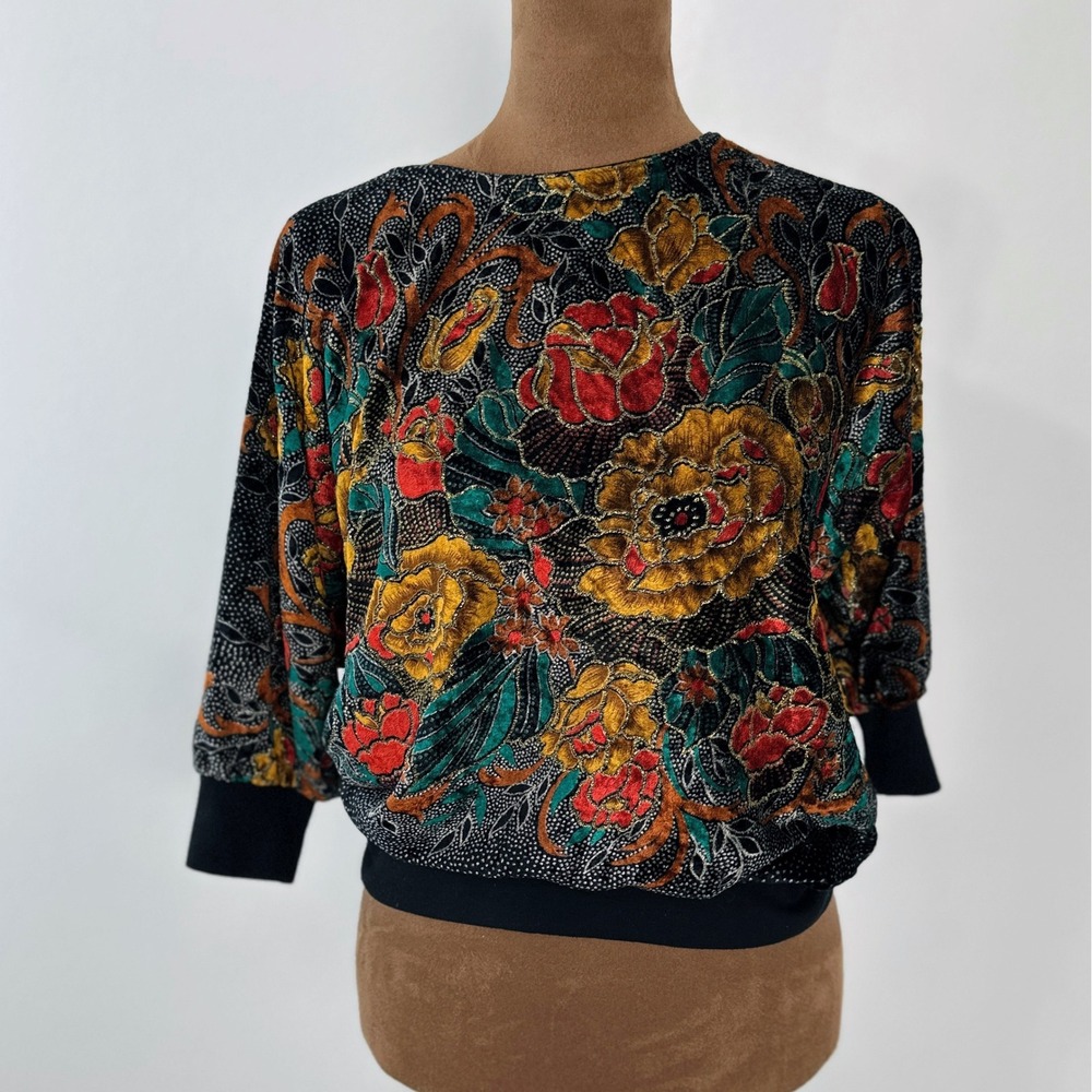 Western Connection Floral Velvet Burnout‎ Blouse Womens S Black Gold